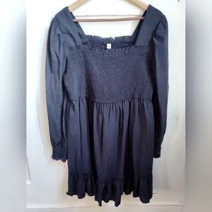 Zexxxy Women's Boho Prairie Dress | Long Sleeve | Navy Blue | Smocked | 2XL